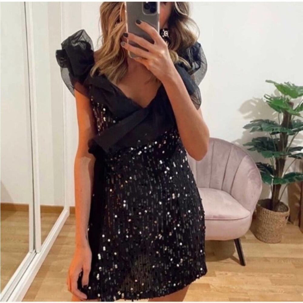 Zara Black Combination Sequin Dress Size Large